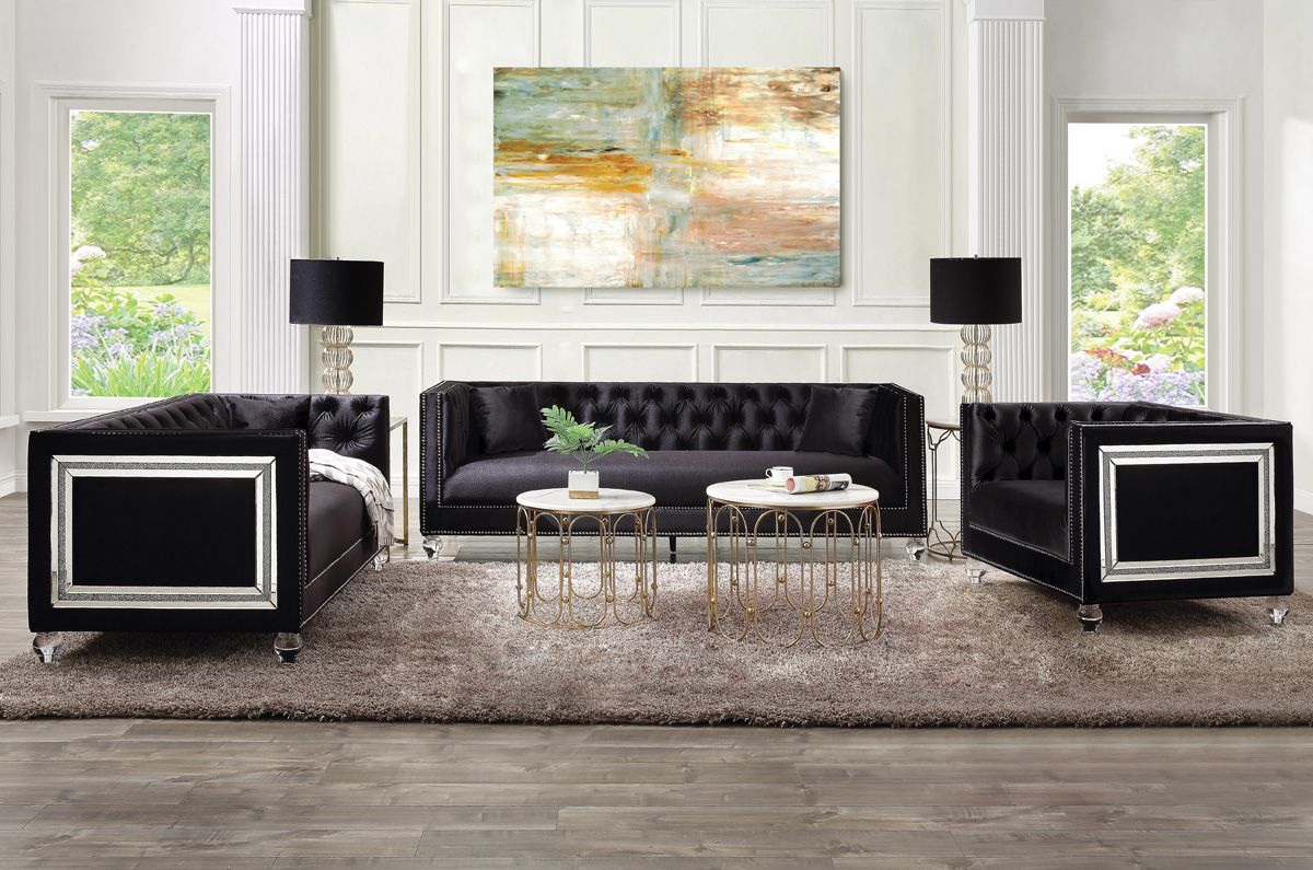 Arctic Black Velvet Sofa Mirrored Accents