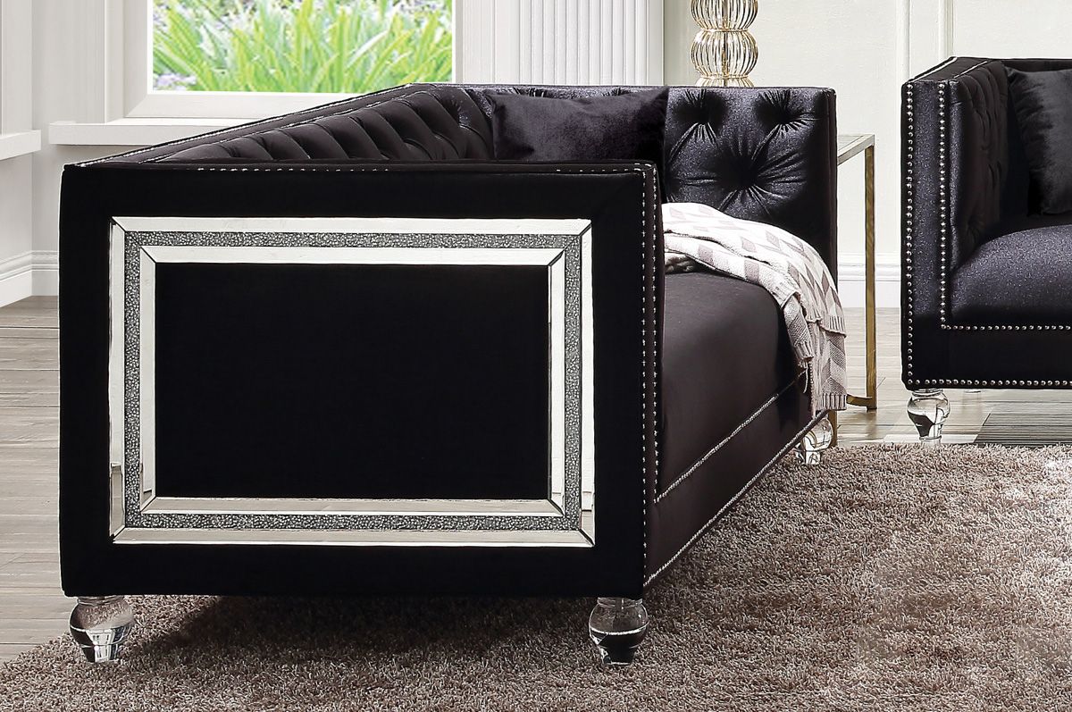 Arctic Black Velvet Loveseat With Mirrored Accents