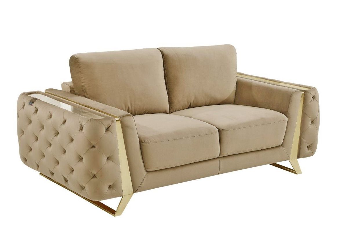 Ariana Beige Velvet Loveseat Gold Accents