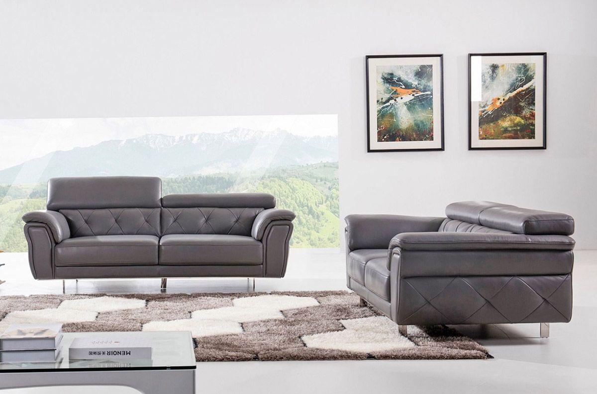 Arianna Grey Italian Leather Sofa Set