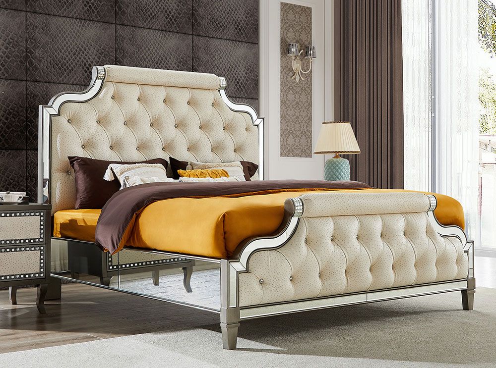 Avasty Mirrored Bed With Tufted Leather