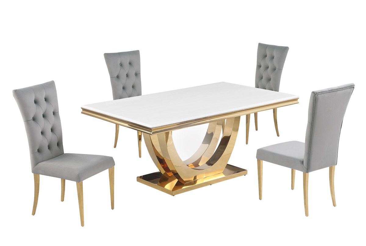 Aversa Gold Finish Dining Table With Grey Chairs