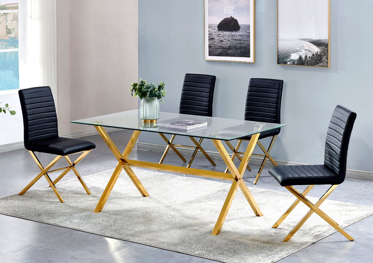 Xavia Gold Finish Dining Table Set With Black Chairs