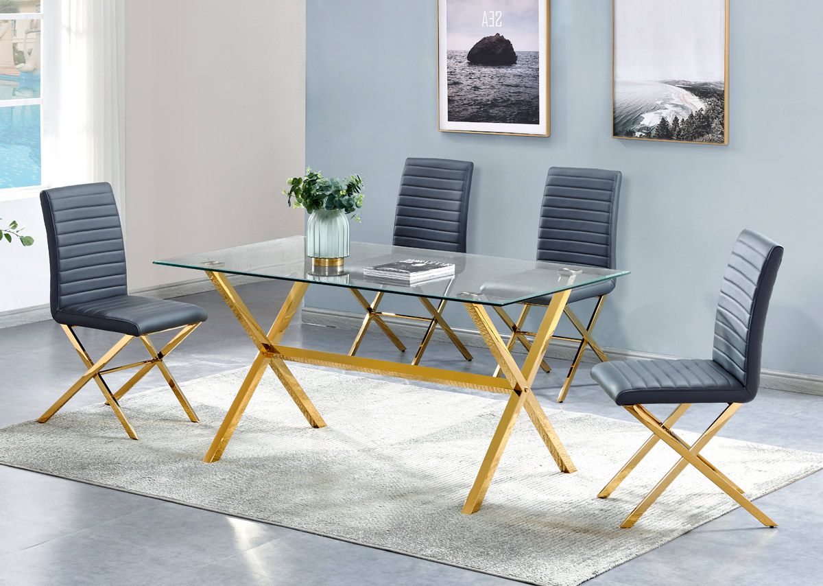 Xavia Gold Finish Dining Table Set With Grey Chairs