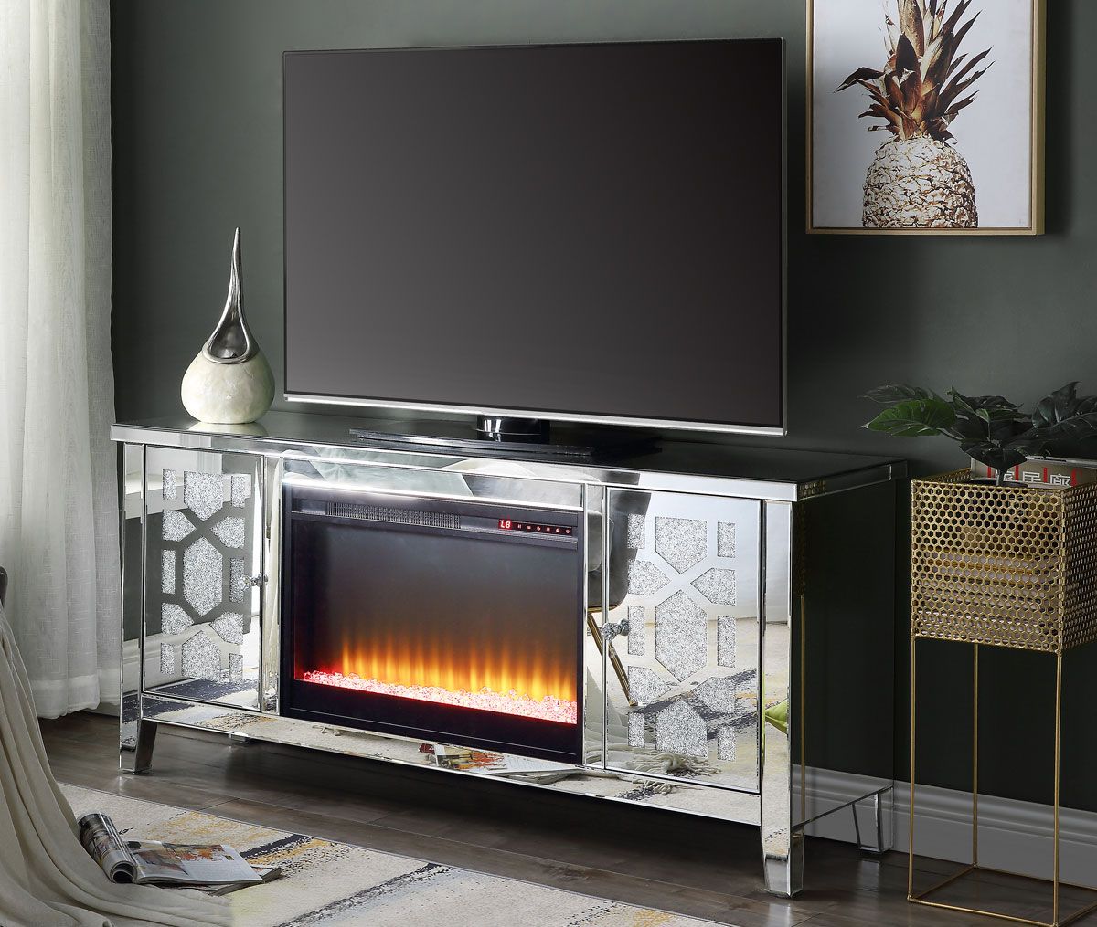 Bardic Mirrored TV Stand With Fireplace