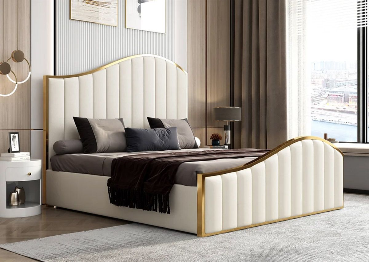 Barletta Beige Velvet Bed With Gold Trim