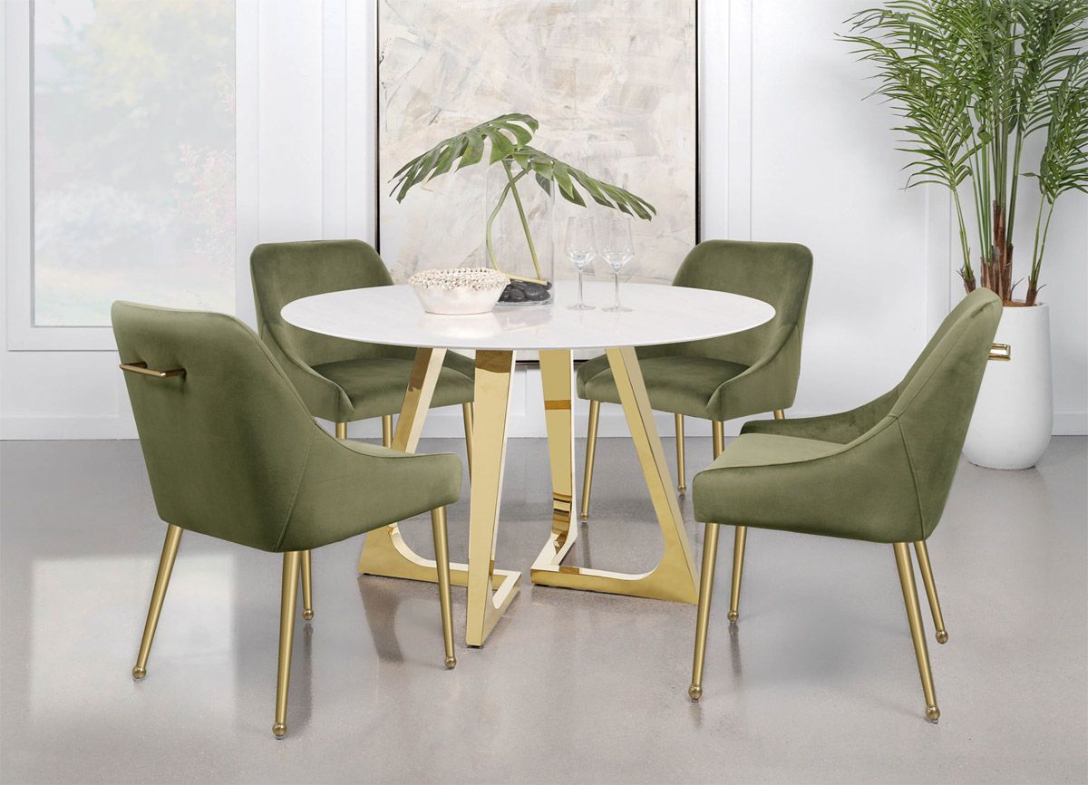 Beatrix White Marble Table With Olive Green Chairs