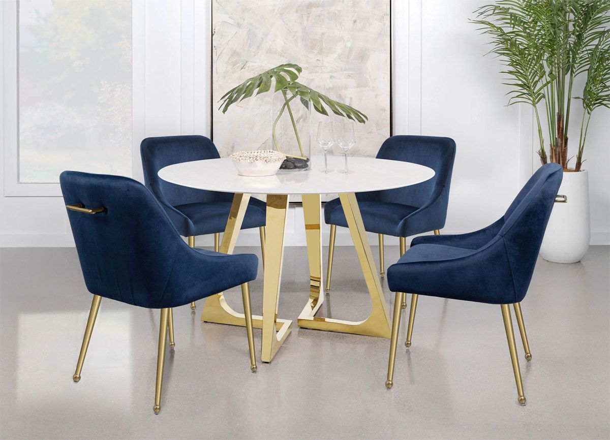Beatrix White Marble Table With Navy Chairs