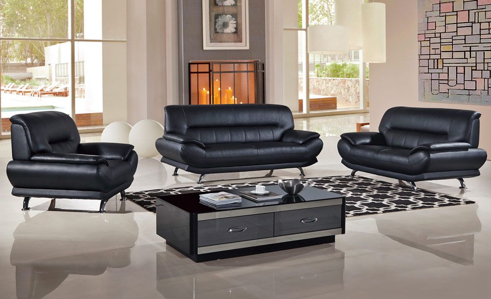 Bella Black Leather Sofa Set,Bella Black Genuine Leather Modern Sofa