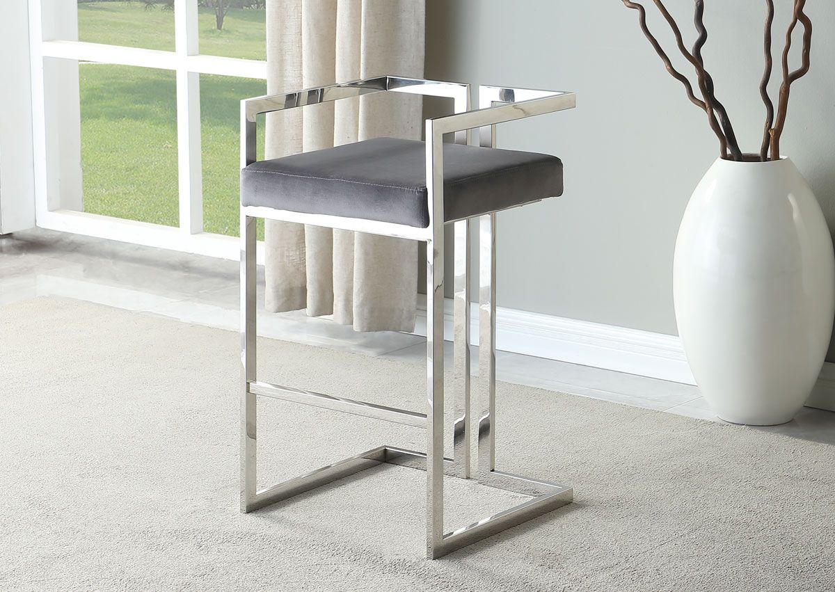 Berel Grey Velvet Bar Chair Chrome Frame