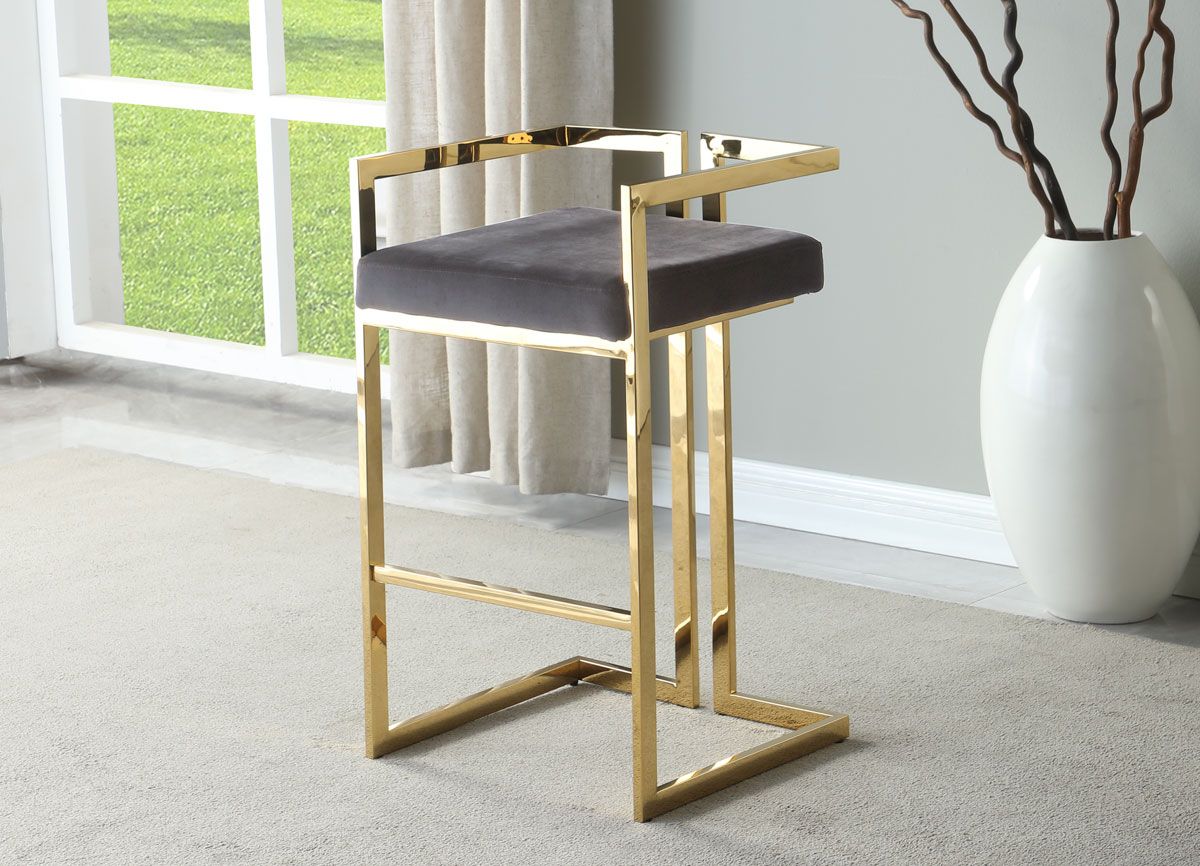 Berel Grey Velvet Bar Chair Gold Frame