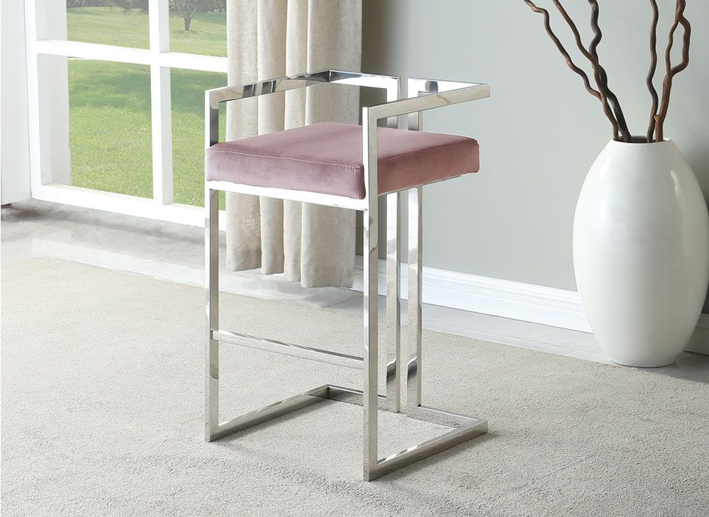 Berel Pink Velvet Bar Chair Chrome Frame
