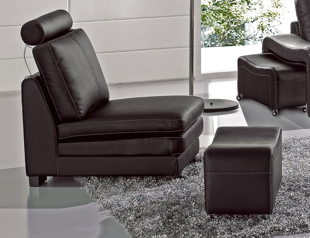 Black Leather Armless Chair and Ottoman