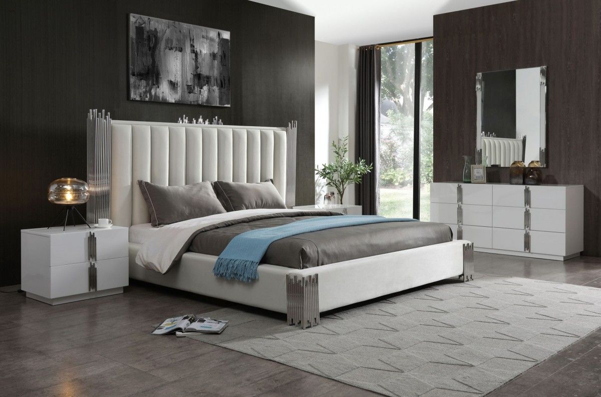 Brigham White Leather Modern Bed