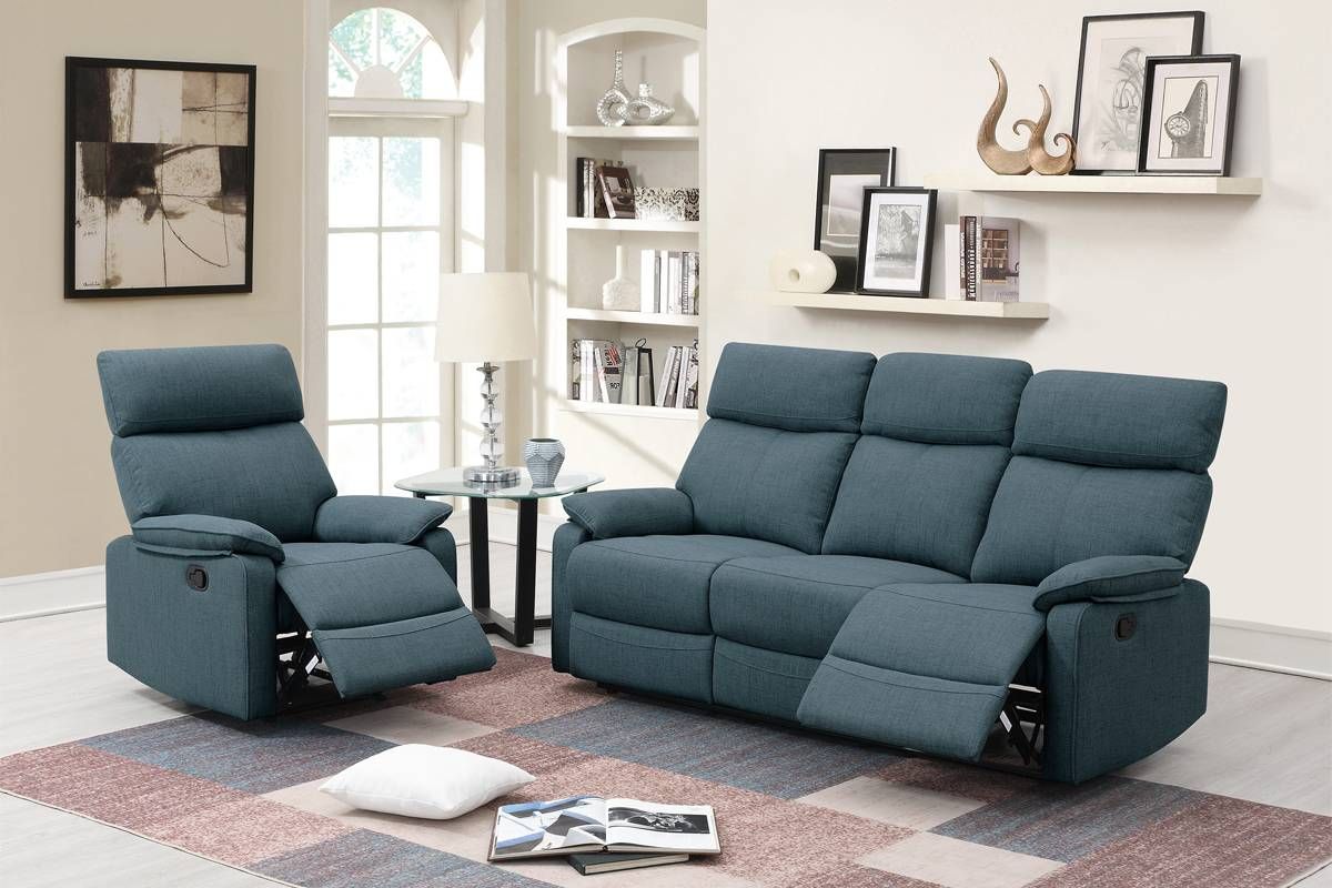 Buford Recliner Sofa Set Blue Burlap Fabric