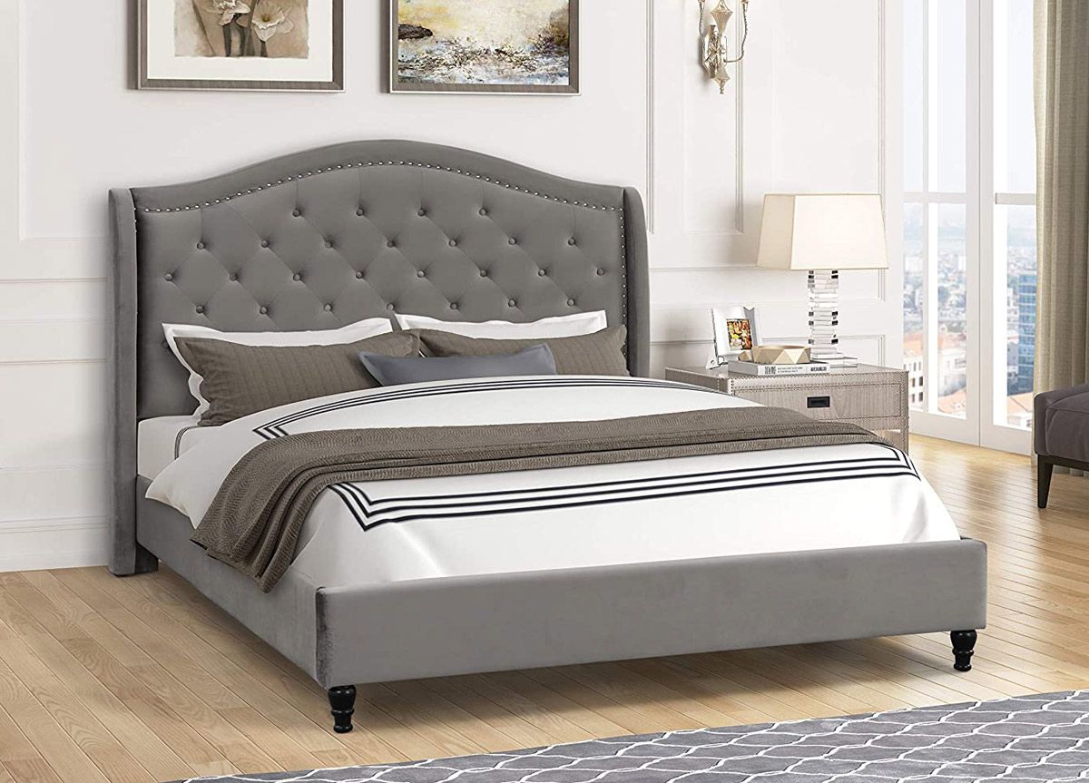 Burnell Grey Tufted Velvet Bed