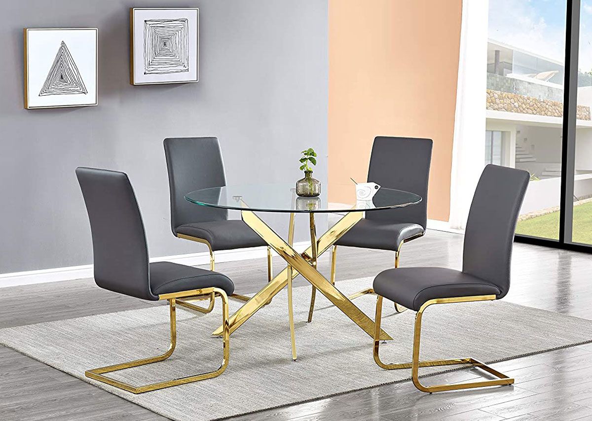 Cady Gold Round Dining Table Set With Grey Chairs