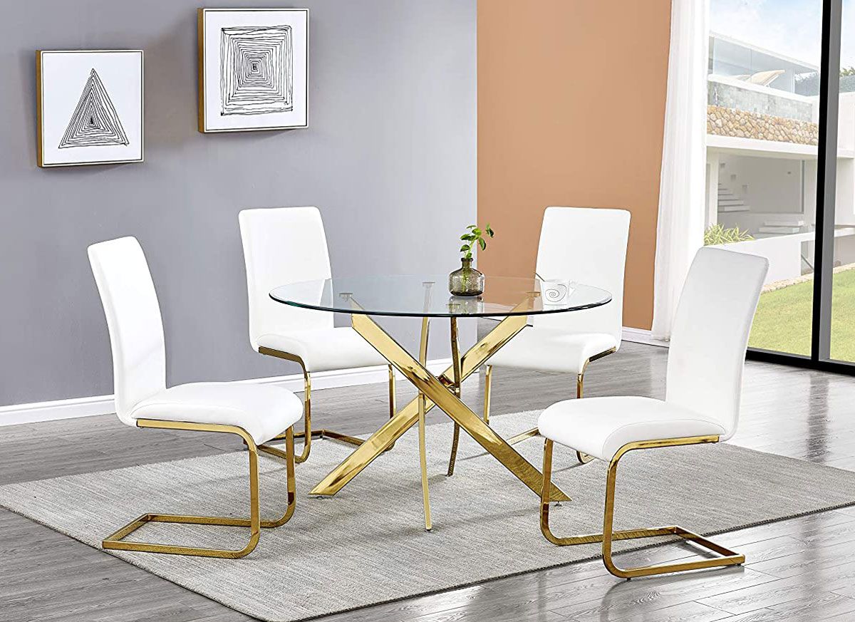 Cady Gold Round Dining Table Set With White Chairs
