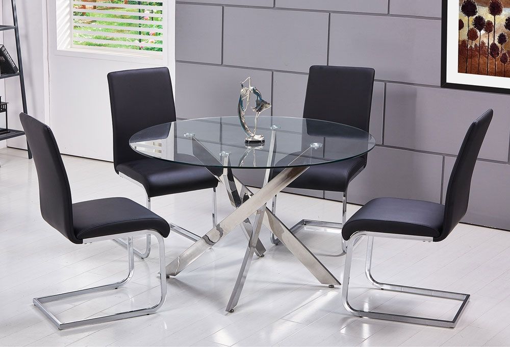 Cady Table With Black Chairs,Cady Modern Glass Top Table Set,Cady Table With Grey Chairs