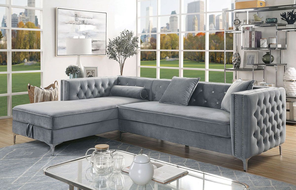Caswell Grey Velvet Sectional Crystal Tufted