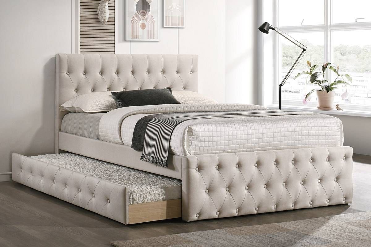 Caylee Beige Linen Bed With Trundle