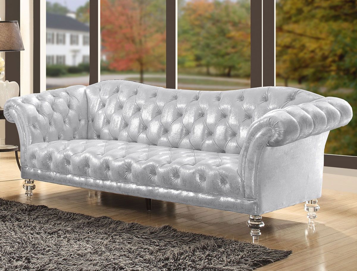 Centralia Silver Fabric Sofa With Acrylic Legs
