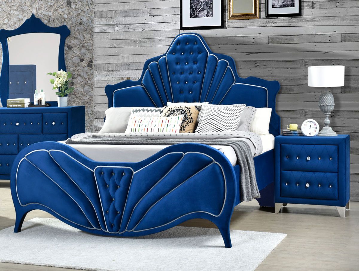 Chareau Blue Velvet Bed Crystal Tufted