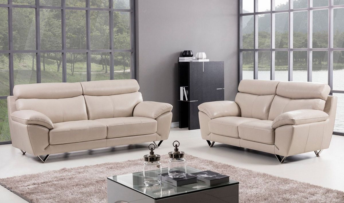 Chiang Light Grey Italian Leather Sofa Set