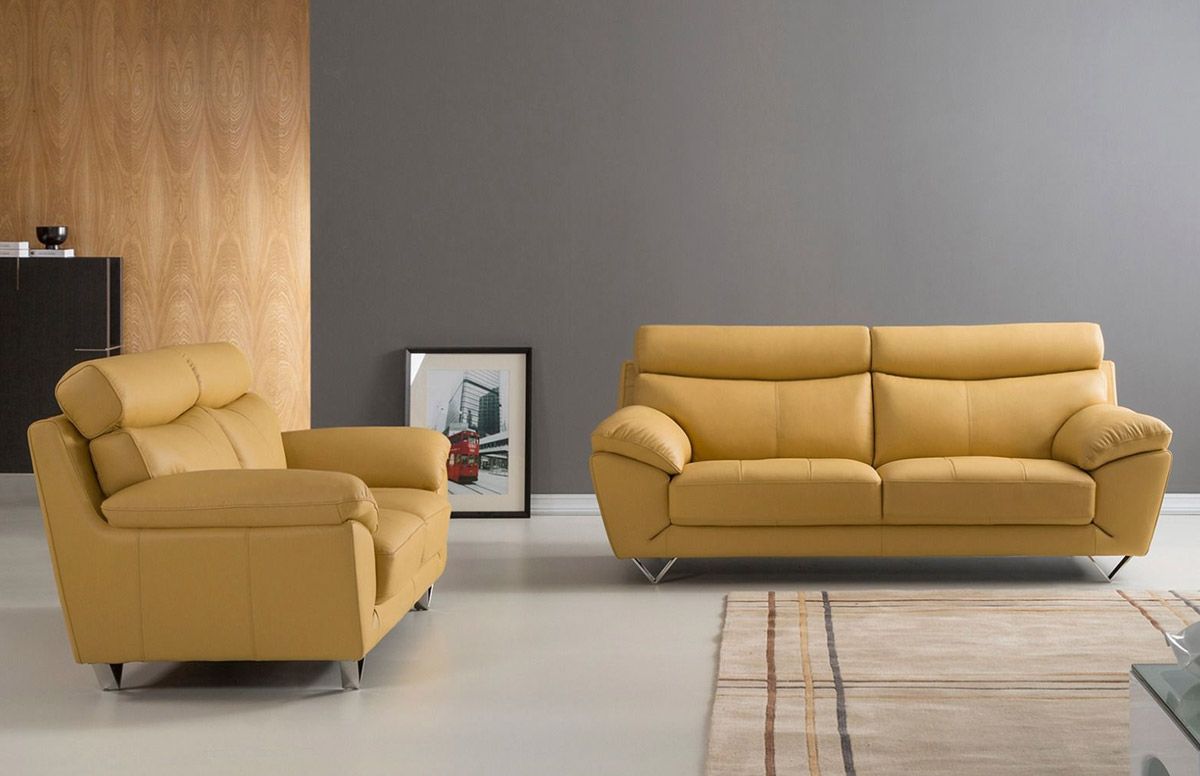 Chiang Yellow Italian Leather Sofa Set