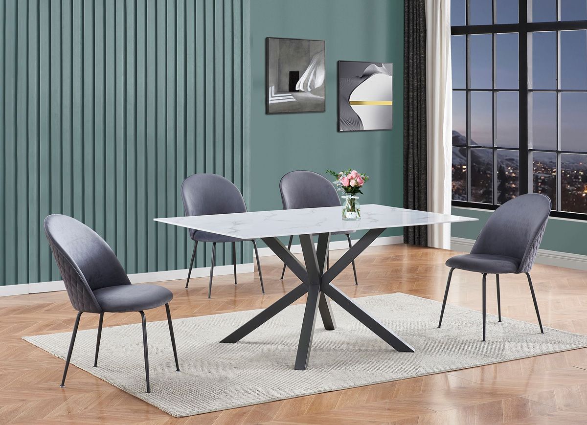 Cicero Glass Marble Top Dining Table With Grey Chairs