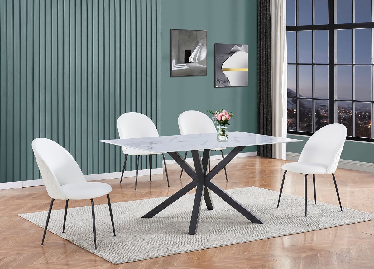 Cicero Glass Marble Top Dining Table With White Chairs