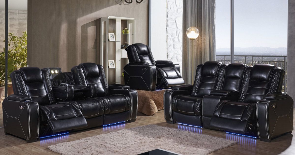 Citadel Black Recliner Sofa Set With Lights