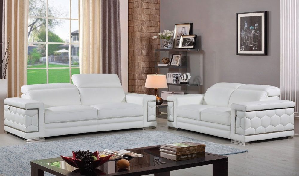 Clovis Living Room White Genuine Leather