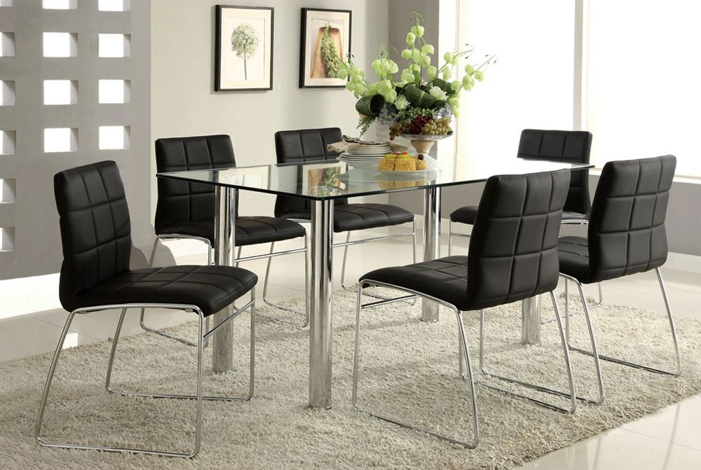 Kona Dining Table With Black Chairs,Kona Formal Glass Top Dining Table,Kona White Leatherette Chair,Kona Black Leatherette Chair
