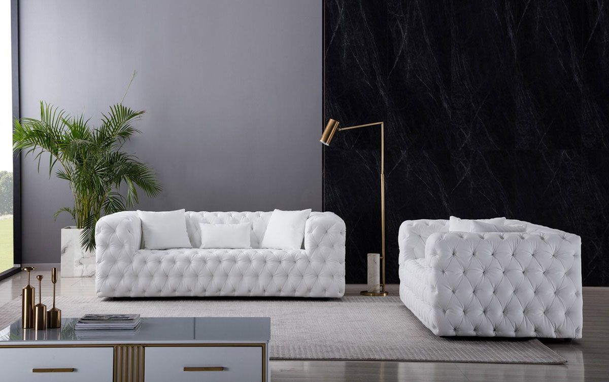 Cosima Deep Tufted White Leather Sofa