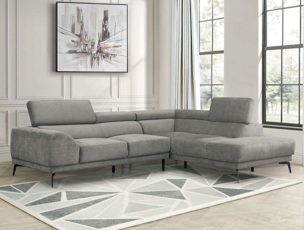 grey fabric sectional with adjustable headrests
