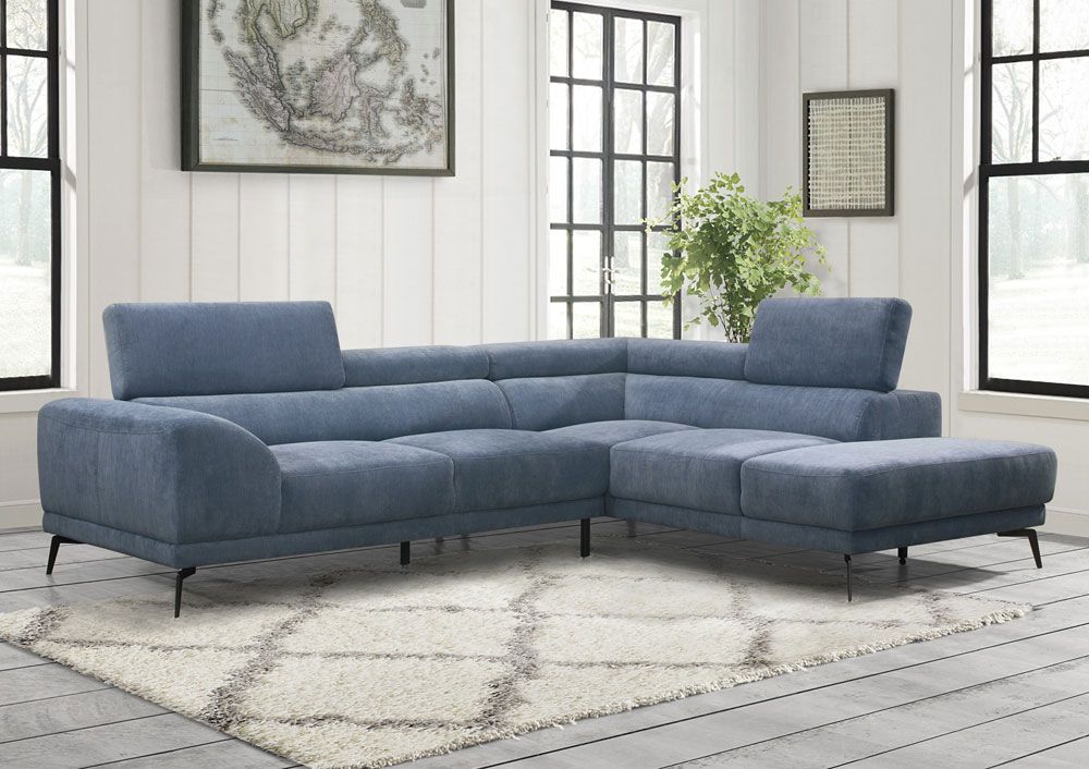 blue fabric modern sectional with adjustable headrests