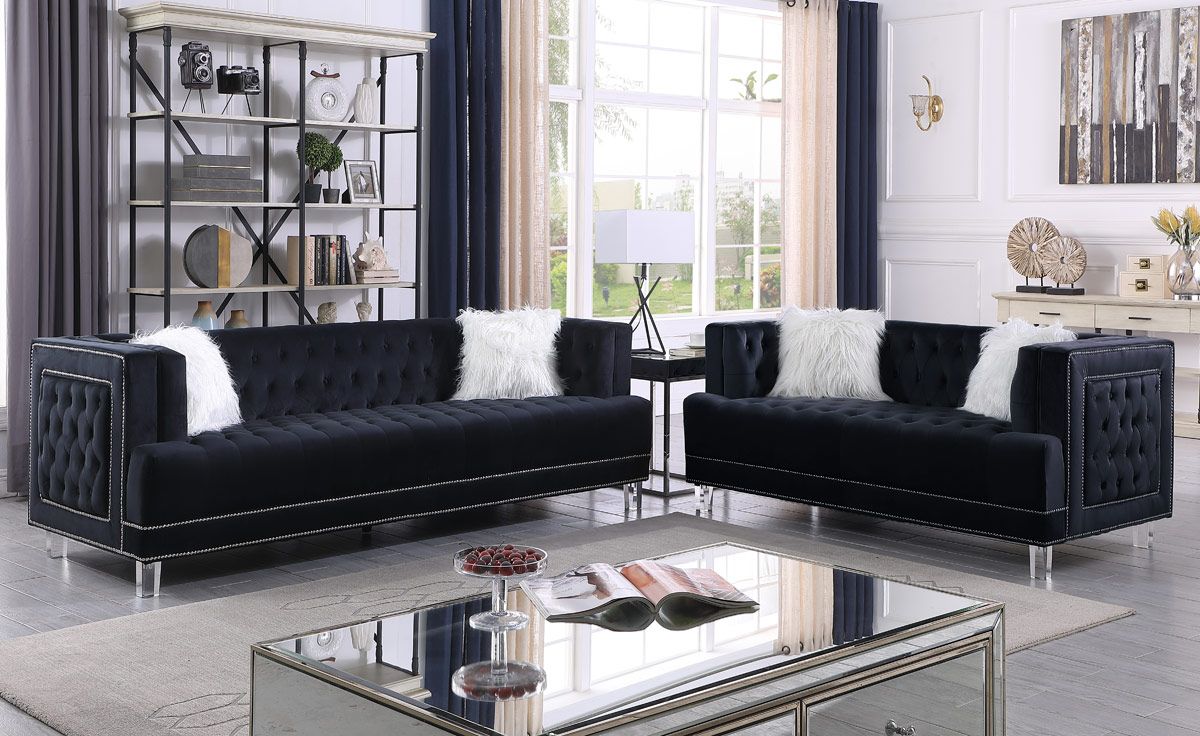 Dayna Tufted Black Velvet Sofa Set