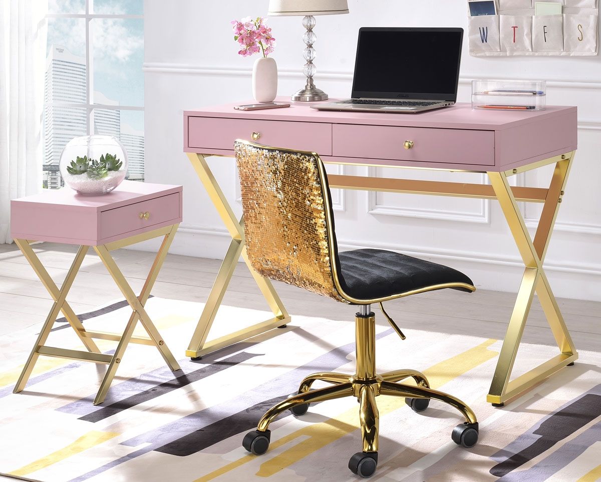Delaney Pink Office Desk With Gold Finish Base