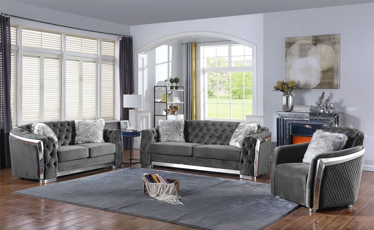 Deon Grey Velvet Sofa Set