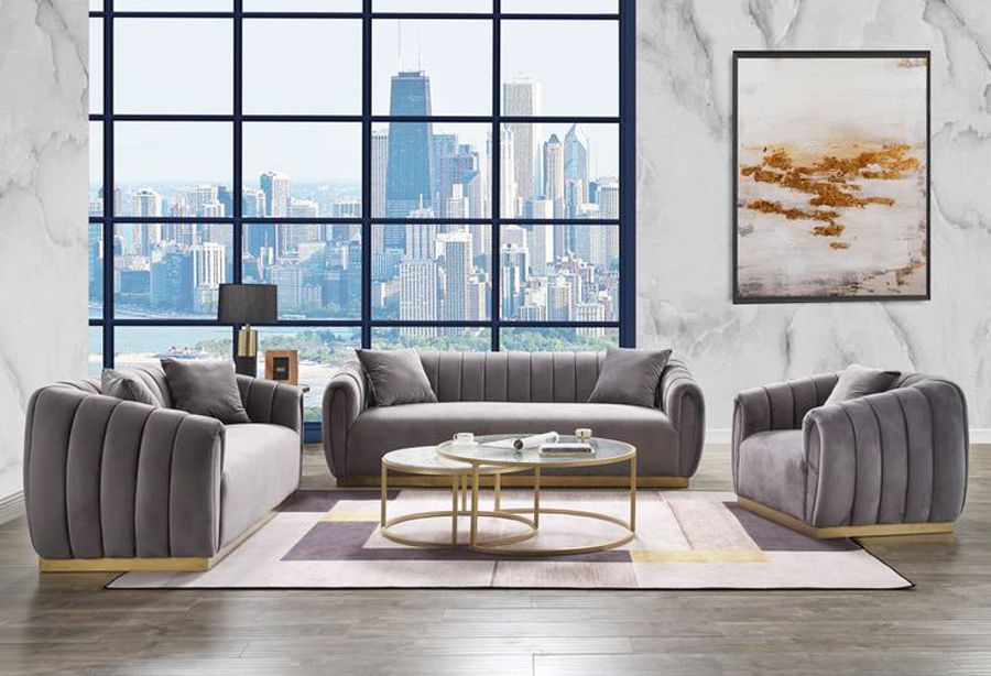 Derwyn Grey Velvet Sofa Set Gold Base
