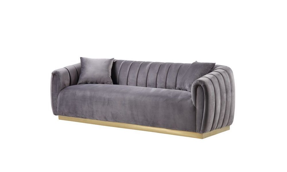 Derwyn Grey Velvet Sofa With Gold Base