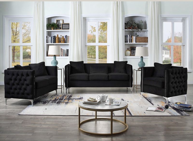 Devan Tufted Black Velvet Modern Sofa Set