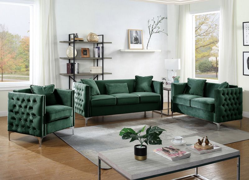 Devan Tufted Green Velvet Sofa Set