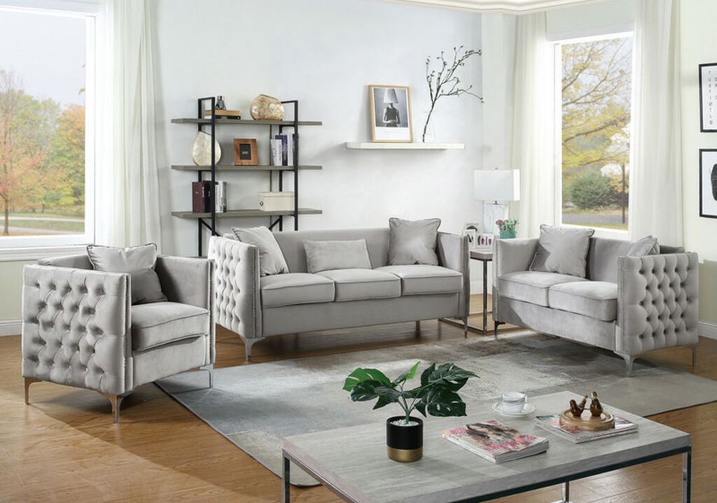 Devan Grey Velvet Modern Sofa Set