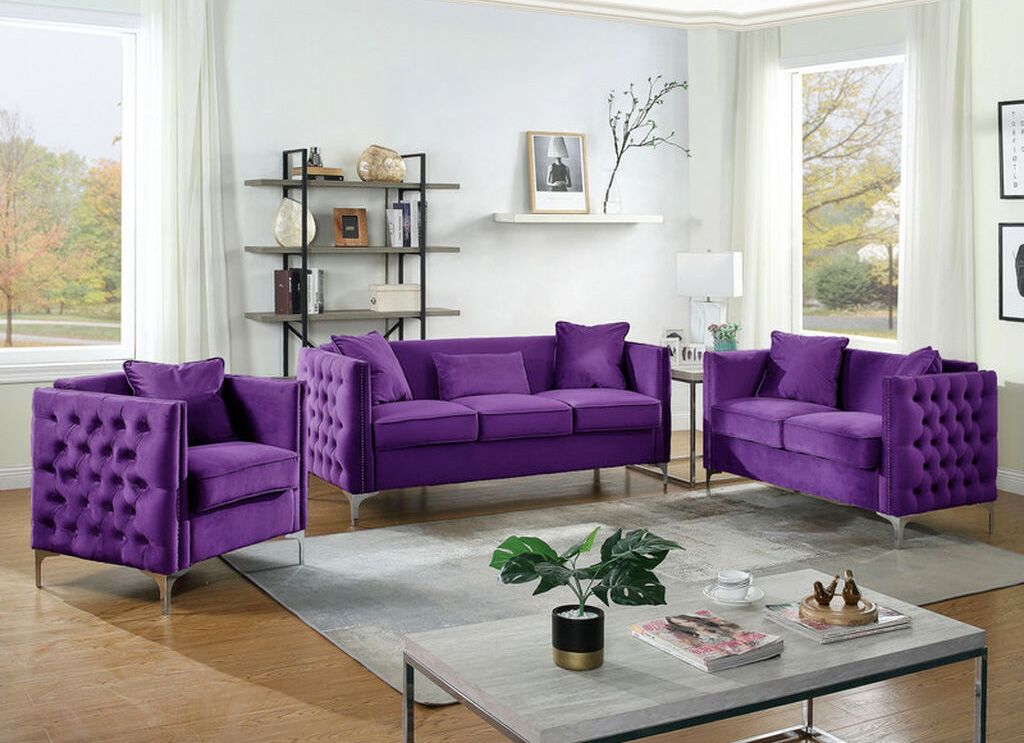 Devan Tufted Purple Velvet Sofa Set