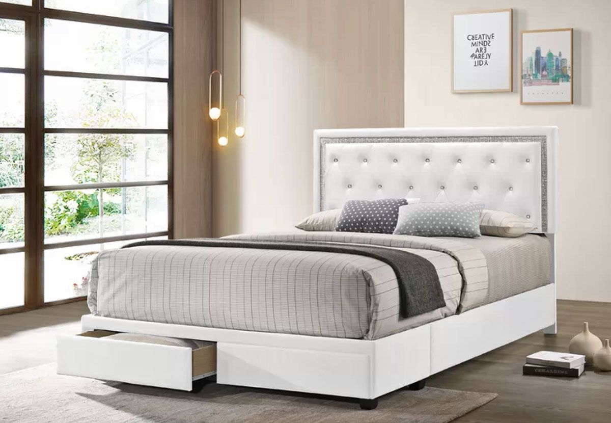 Dex White Leather Storage Bed With Crystals