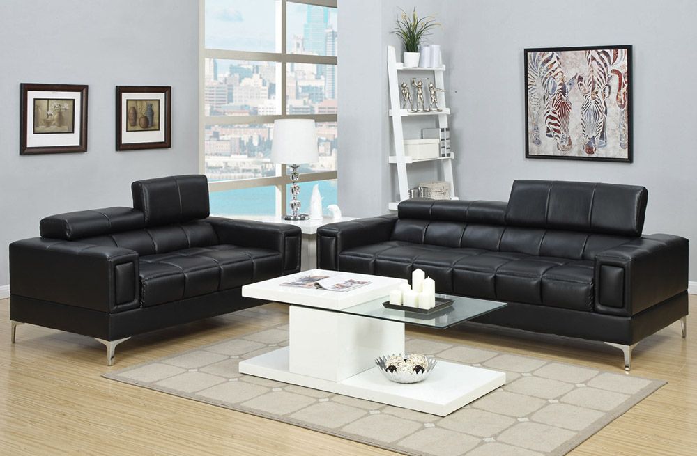 Diva Black Leather Modern Sofa Set