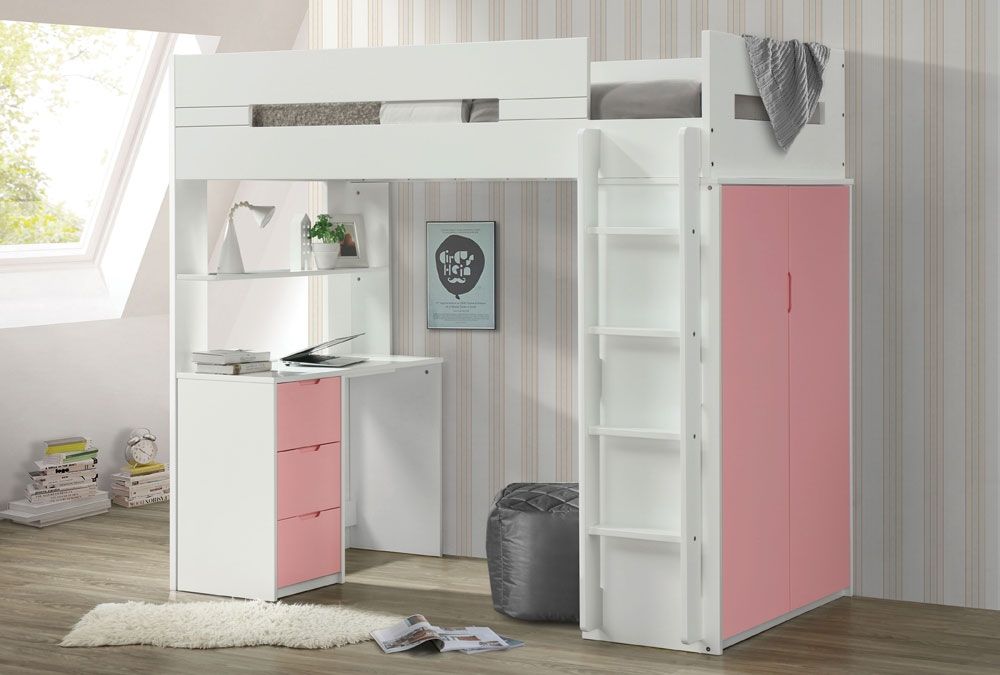 Duncan Pink Finish Storage Loft Bed With Desk