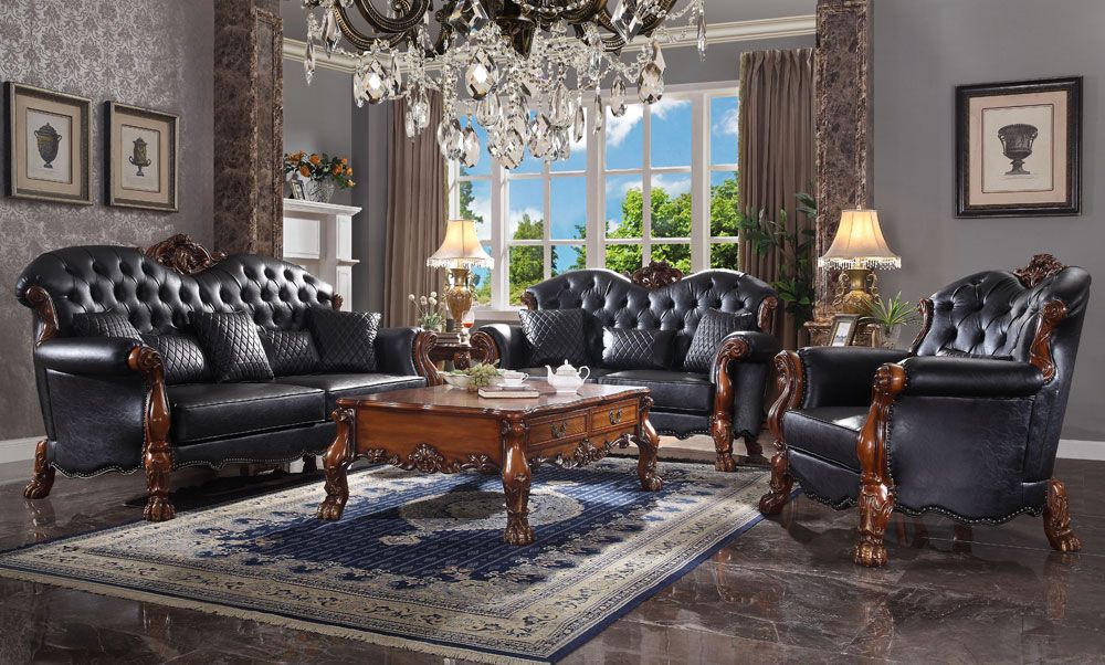 Dresden Black Leather Traditional Sofa
